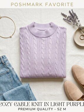 Lilac Cable Knit Mock Neck Sweater Light Lavender Purple High Neck Pullover